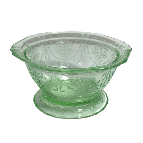 Belmont Tumbler Co. Bowknot Green Uranium Depression Glass Low Footed Bowl - Picture 3 of 8